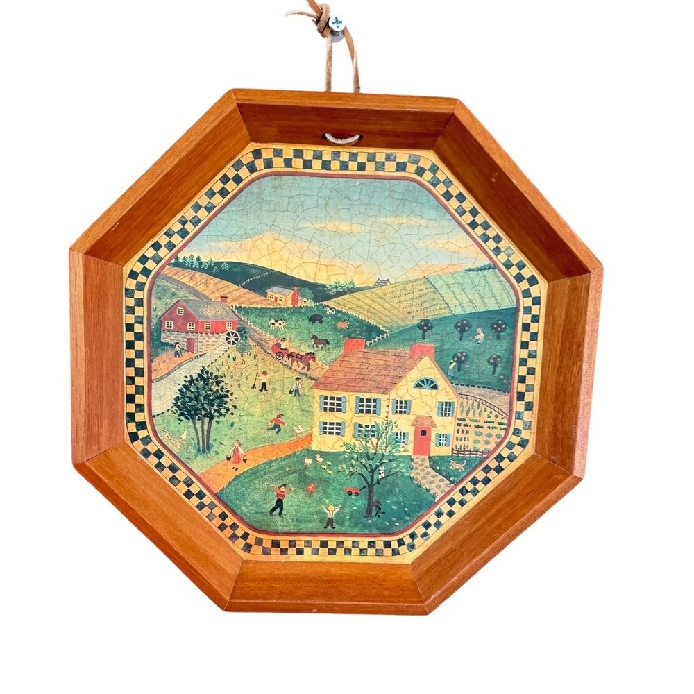 Crowning Touch Vintage Folk Art Farm Scene Octagon‎ Wood Wall Hanging Decor 10"